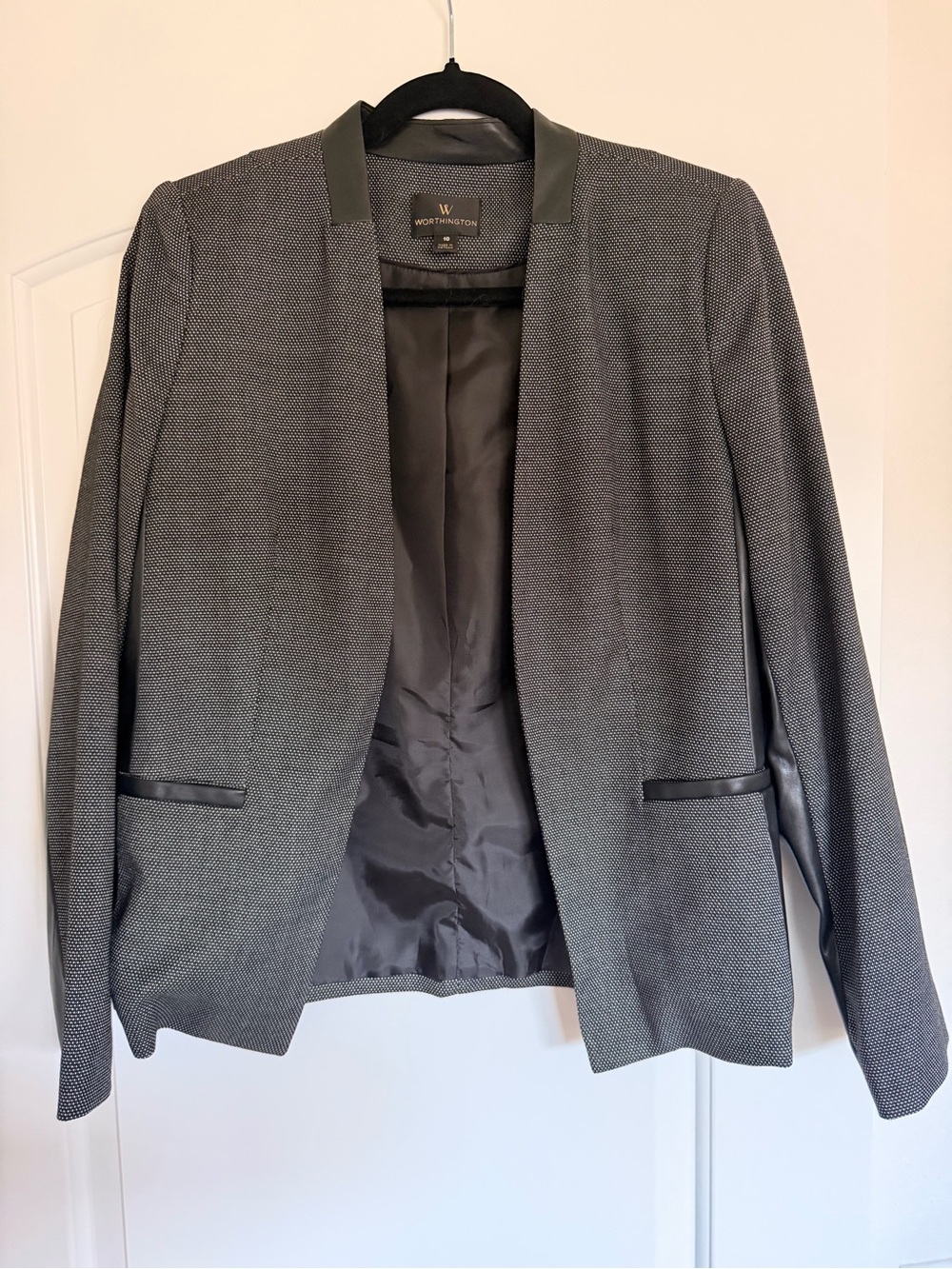 Worthington Gray Textured Open-Front Blazer with Faux Leather Trim
